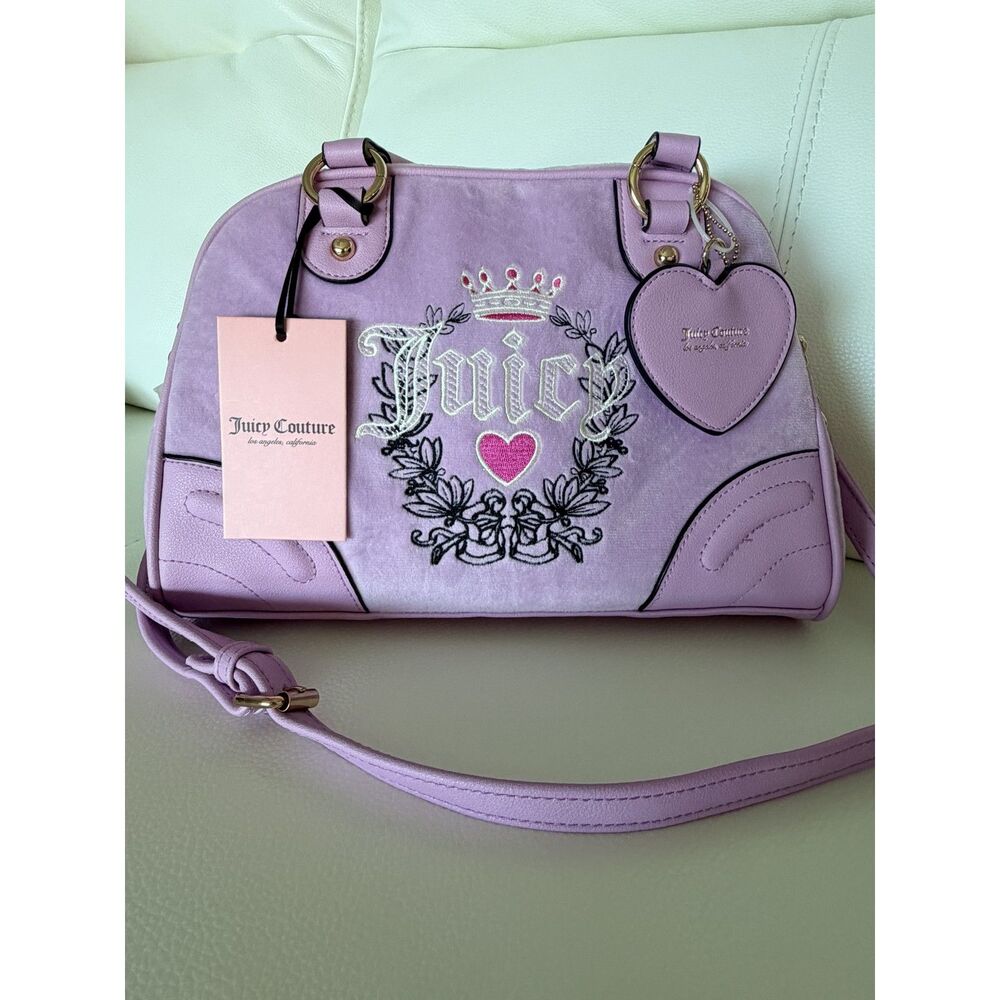 Juicy Couture Heritage Bowlers Lavender Purple Velvet Bag NWT Fondant Pink Y2K - Picture 8 of 8
